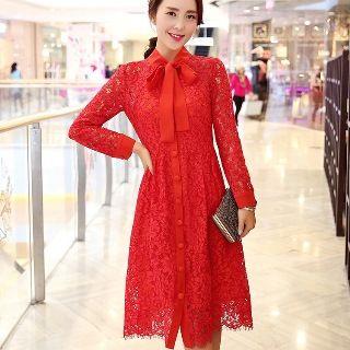 Tie-neck Lace A-line Dress