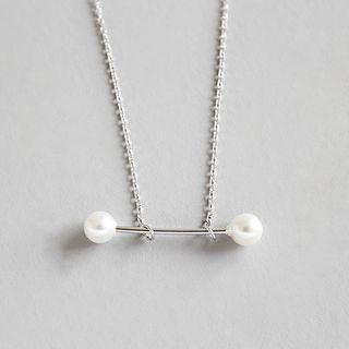 925 Sterling Silver Faux Pearl Bar Pendant Necklace 925 Silver - Platinum - One Size