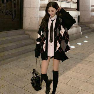 Plain Long-sleeve Shirt With Tie / V Neck Color-block Long-sleeve Cardigan