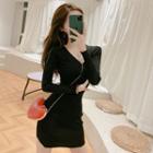 Long-sleeve V-neck Knit Mini Sheath Dress Black - One Size