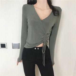 Long-sleeve V-neck Drawstring T-shirt