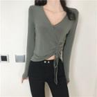Long-sleeve V-neck Drawstring T-shirt