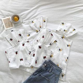 Flower Embroidered Single-breasted Sleeveless Blouse