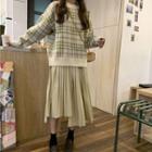 Long-sleeve Color Panel Plaid Knit Sweater / Asymmetric Spaghetti Strap Dress