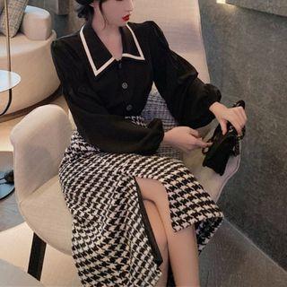 Set Of 2: Balloon-sleeve Blouse + Houndstooth Skirt