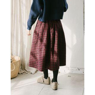 Band-waist Gingham Long Flare Skirt