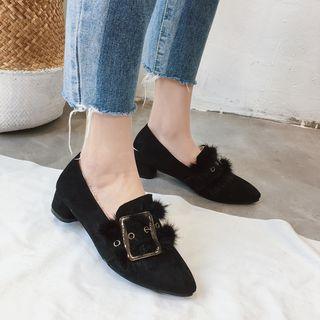 Pointy Toe Chunky Heel Furry Trim Buckled Pumps