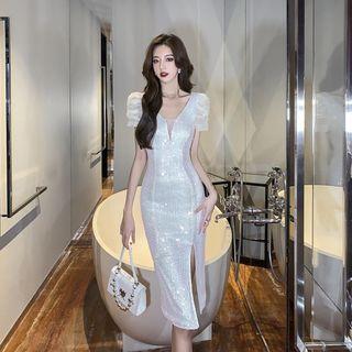 Puff-sleeve Sequined Midi Bodycon Dress