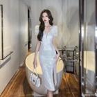 Puff-sleeve Sequined Midi Bodycon Dress