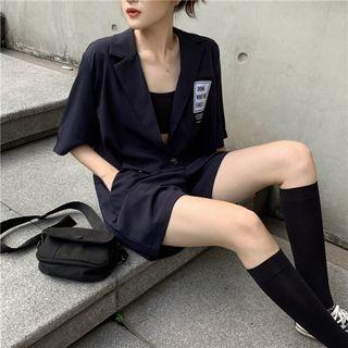 Short-sleeve Appliqued Top / High-waist Plain Shorts Navy Blue - One Size