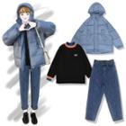 Hooded Padded Jacket / Striped Pullover / Straight-cut Jeans