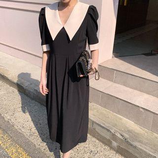 Wide-collar Pintuck-waist Dress