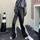 Two Tone Faux Leather Panel Straight-cut Pants