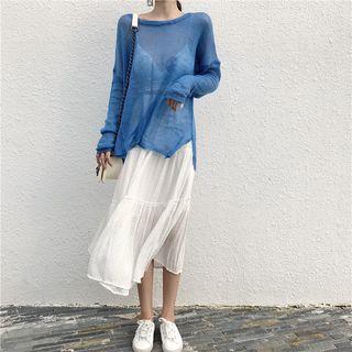 Lightweight Long-sleeve Top / Dotted Pencil Midi Skirt