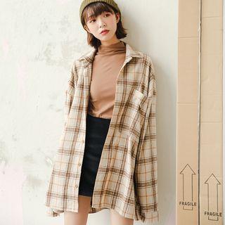 Plaid Shirt Jacket Khaki - One Size
