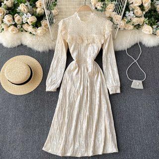 Lace Flower Trim Panel Velvet Dress