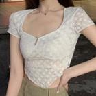 Short-sleeve Triangle Asymmetrical Lace Cropped Top
