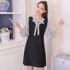 Pinstripe 3/4-sleeve Tie-neck A-line Dress