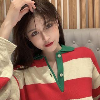 Striped Long-sleeve Polo-shirt As Figure - One Size