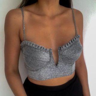 Chain-strap V-neck Ruffled Glitter Crop Camisole Top