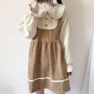 Set: Plain Blouse + Striped Jumper Dress As Shown In Figure - One Size