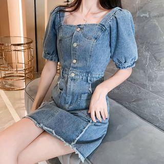 Single-breasted Puff-sleeve Denim Dress