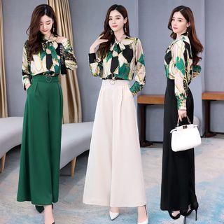 Set: Long Sleeve Print Shirt + Wide-leg Pants