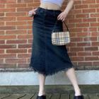 High-waist Furry Trim Midi Denim Skirt