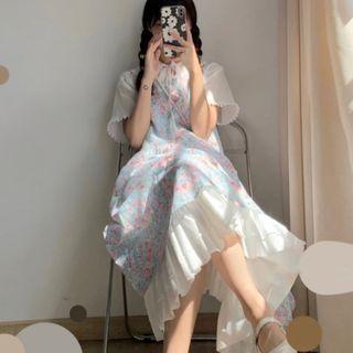 Short-sleeve Tie-neck Top / Spaghetti Strap Floral Print Midi A-line Dress