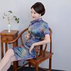 Floral Print Short-sleeve Silk Cheongsam