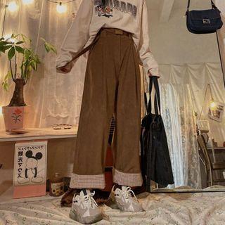 High-waist Plain Straight Cut Corduroy Wide-leg Pants