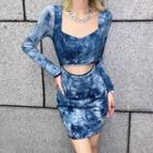 Long-sleeve Tie-dyed Cut-out Mini Sheath Dress