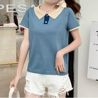 Color Block Collared Short-sleeve Knit Top