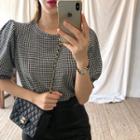 Puff-sleeve Checked Top Black - One Size
