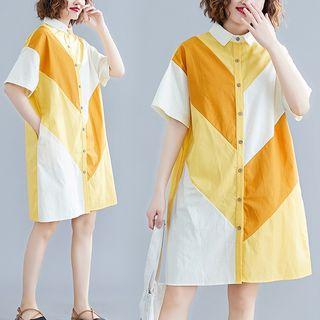Color Block Short-sleeve A-line Shirt Dress