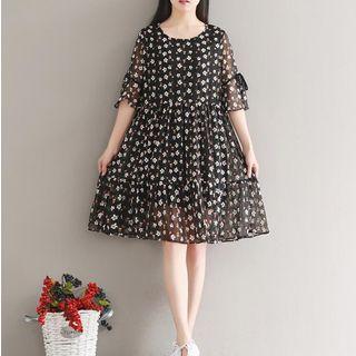 3/4 Sleeve Floral Sheer A-line Midi Dress