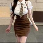 Short-sleeve Plain Shirt / Halter Mini Overall Dress