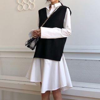 Long-sleeve Asymmetric Shirt Dress / V-neck Vest