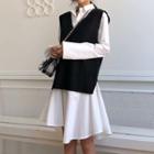 Long-sleeve Asymmetric Shirt Dress / V-neck Vest