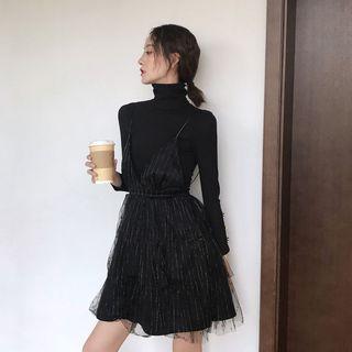 Set: Turtleneck Knit Top + Spaghetti Strap Dress