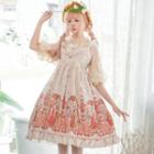 Printed Ruffled Sleeveless A-line Dress / Elbow-sleeve Blouse / Set