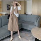 Set: Loose T-shirt + Button-up Vest + Midi Skirt Khaki - One Size