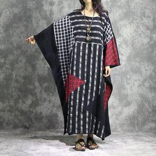 Batwing Long-sleeve Pattern Midi Dress As Shown In Figure - One Size
