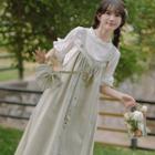 Set: Short-sleeve Ruffle T-shirt + Button-up Midi Overall Dress