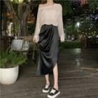 Long Sleeve Sheer Slit-side Top/ Plain Asymmetrical Skirt