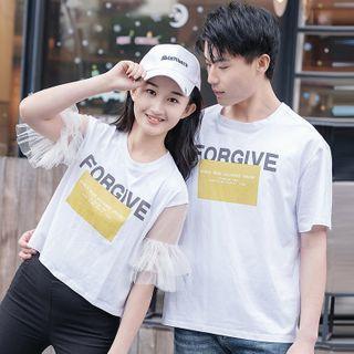 Couple Matching Set: Short-sleeve Lettering Print T-shirt + Mesh Panel T-shirt