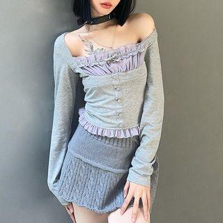 Square-neck Ruffle Trim Panel Cropped T-shirt