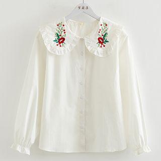 Flower Embroidered Ruffle Trim Shirt