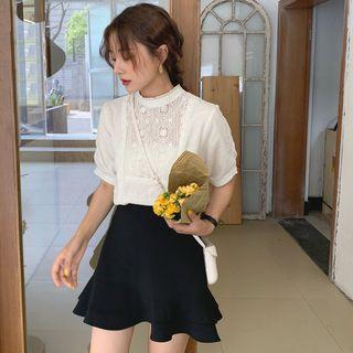 Elbow-sleeve Lace Paneled Top Almond - One Size