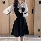 Heart Print Chiffon-sleeve Double-breasted A-line Dress